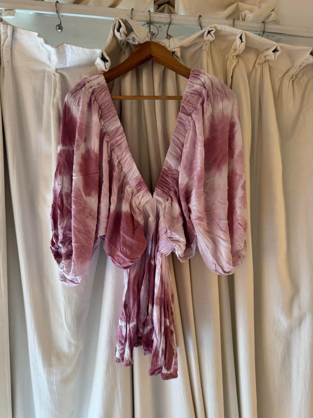 Jen's Pirate Booty Pink Tie-Dye Deep V Puff Sleeve Blouse